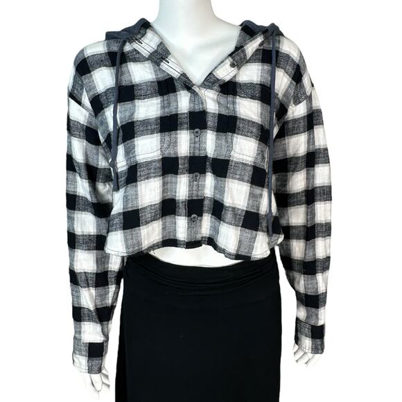 American Eagle Plaid Flannel Shirt Top Hoodie Womens Size Small Cropped - Picture 1 of 12
